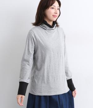 天竺配色2枚重ねタートルネック(チャコールグレイ×ブラック-F)