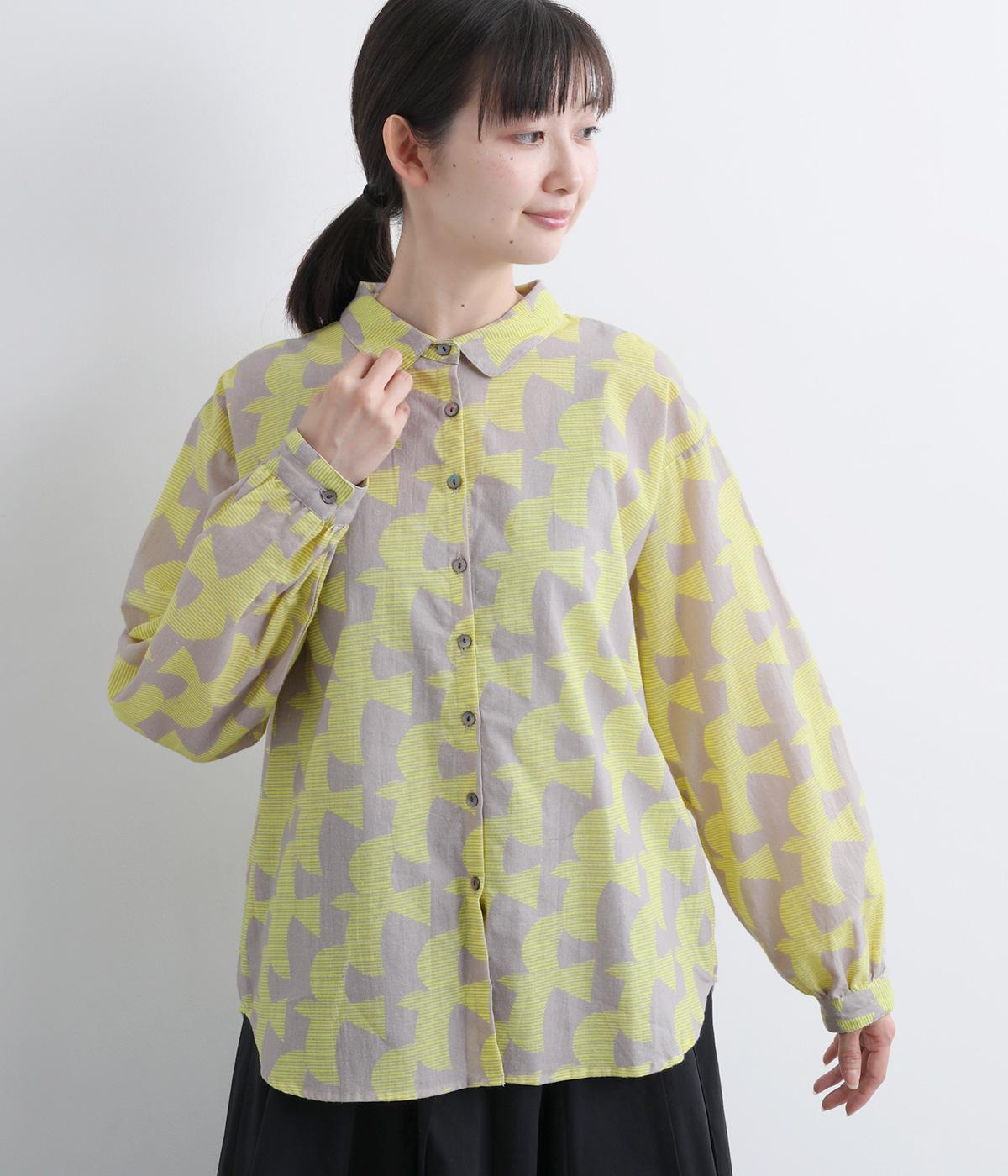 ヴィンテージ加工鳥プリントレギュラーシャツ(グレイ-F)