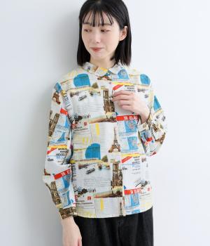 起毛プリントレギュラーシャツ(ナチュラル系絵ハガキ-F)