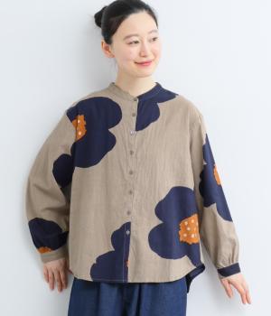 ヴィンテージ加工大花プリントスタンドシャツ(グレー-F)