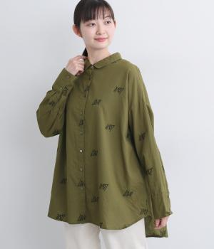 刺繍ロングシャツ(カーキ-F)