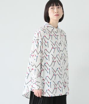 起毛マッチ柄ロングシャツ(ホワイト-F)