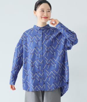 起毛マッチ柄ロングシャツ(ブルー-F)