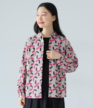 シーチングテーププリントレギュラーシャツ(グレー×ピンク-F)