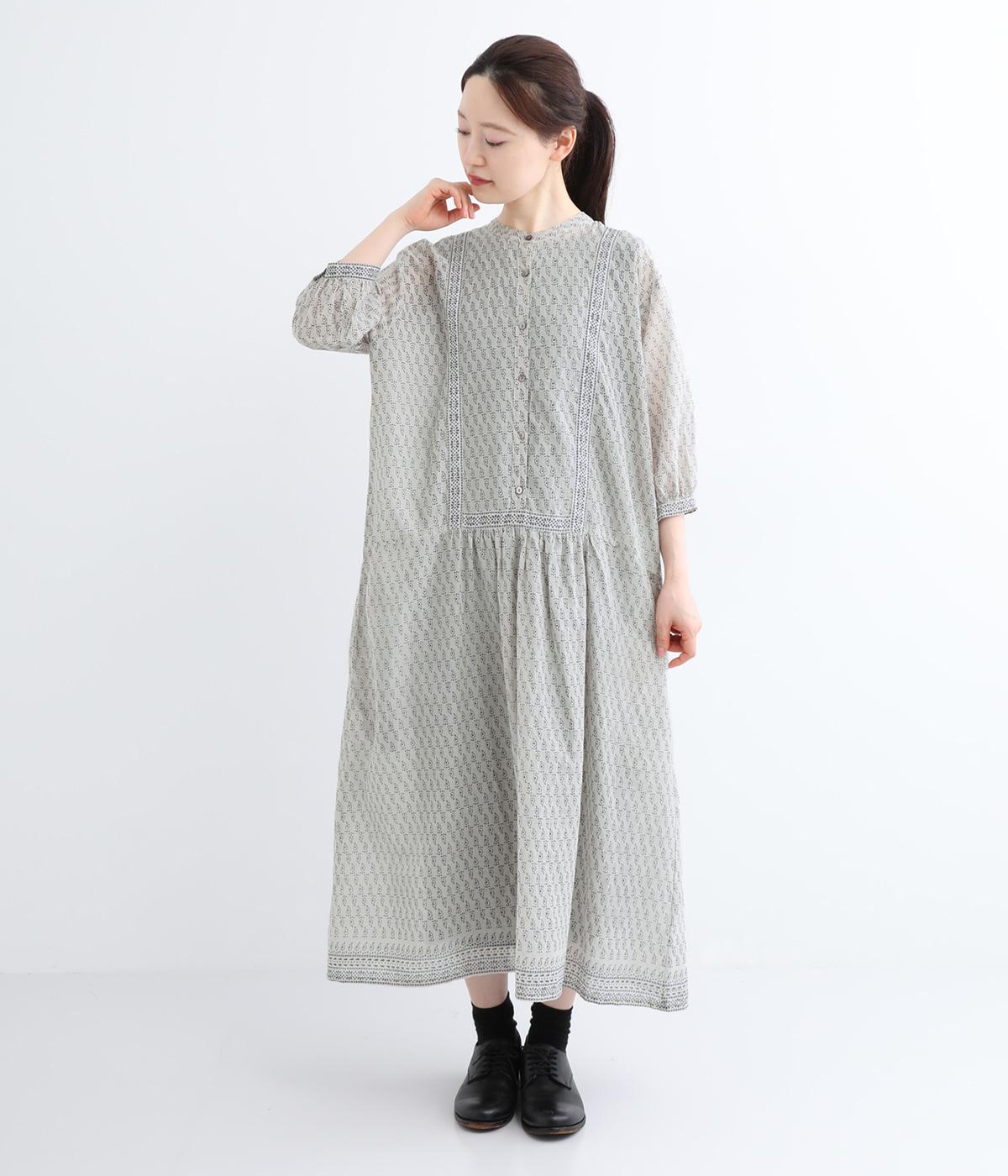 ブロックプリント7分袖ワンピース(グレー-F)