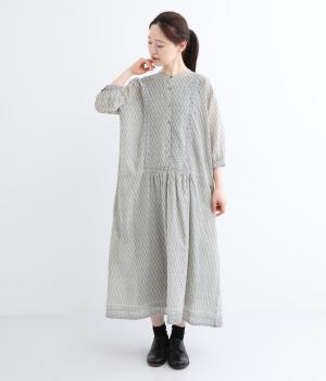 ブロックプリント7分袖ワンピース(グレー-F)