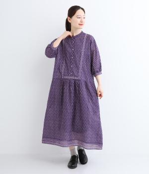 ブロックプリント7分袖ワンピース(パープル-F)