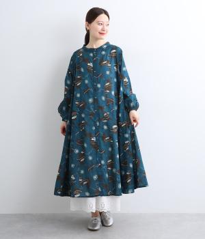 ボイル花柄プリント切替ワンピース(ブルー-F)