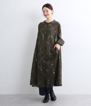 ボイル花柄プリント切替ワンピース(ブラウン-F)