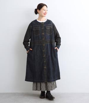 コットンリネンデニムコートワンピース(ネイビー×ブラック-F)