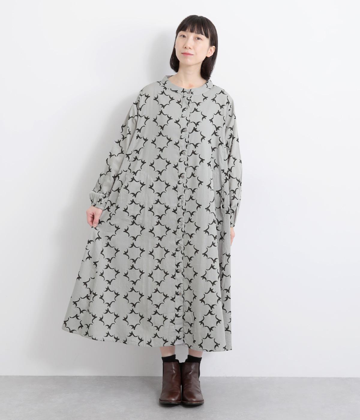 コードコットンカモメプリント切替ワンピース(グレー-F)
