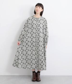 コードコットンカモメプリント切替ワンピース(グレー-F)