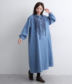 デニムフリンジワンピース(ブルー-F)