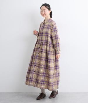 起毛チェック切替ワンピース(ベージュ-F)