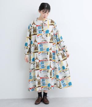 起毛プリント切替ワンピース(ナチュラル系絵ハガキ-F)