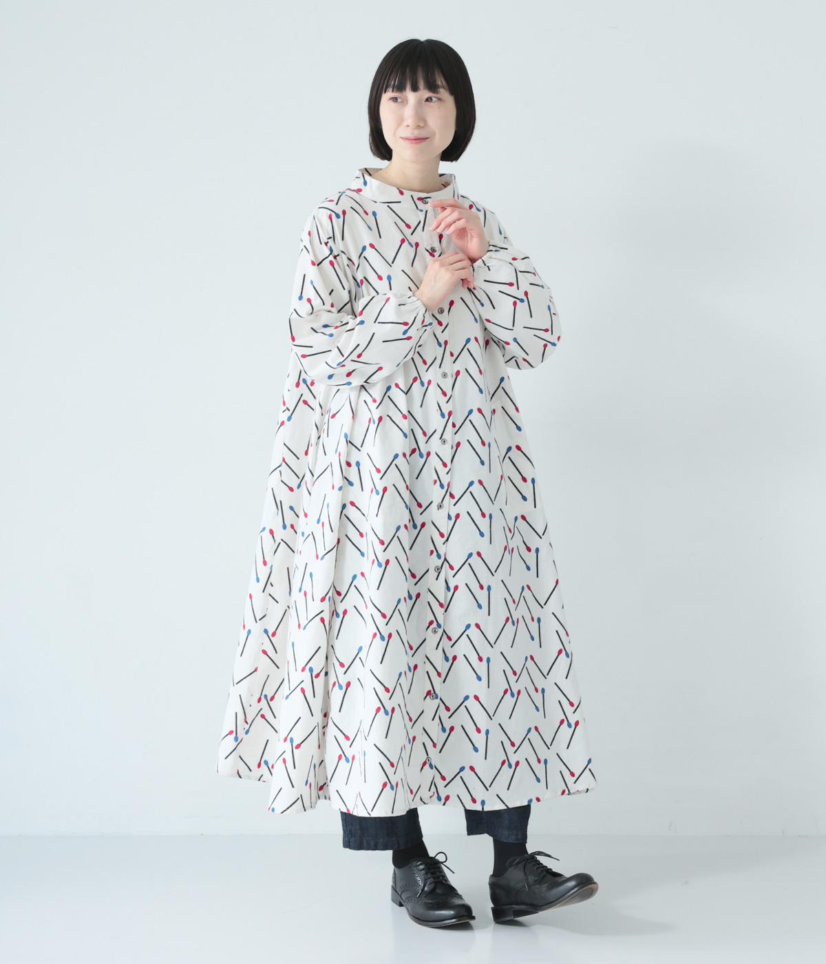 起毛マッチ柄ロング切替ワンピース(ホワイト-F)