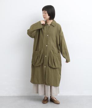 コットンドビーチェック　ステンカラーコート(カーキ-F)