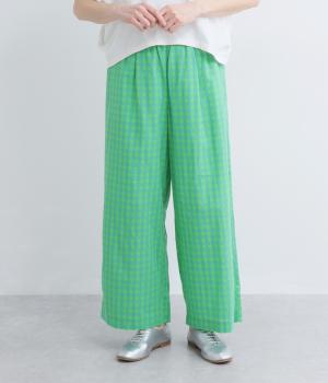コットンギンガムチェック　ワイドパンツ(サックス×グリーン-F)