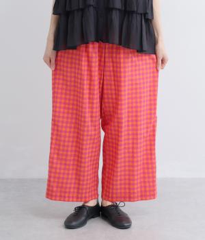 コットンギンガムチェック　ワイドパンツ(オレンジ×ピンク-F)