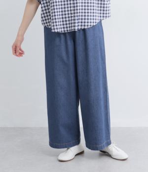 コットンデニム　ワイドパンツ(ブルー-F)
