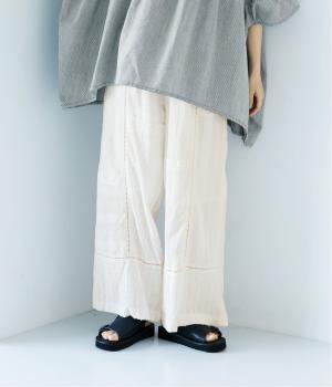 【6月下旬発売予定】コットンドビー　パッチワークワイドパンツ(ホワイト-F)