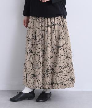 シーチング花柄プリントバルーンスカート(ベージュ×ブラック-F)