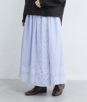 シーチング刺繍　ラップスカート(サックス×ホワイト-F)