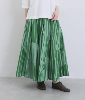 シーチングストライプドットプリント　サーキュラースカート(グリーン-F)