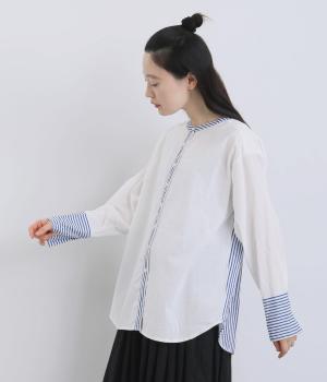 シーチング無地×ストライプ切替スタンドシャツ