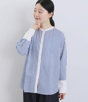 シーチングストライププリントクレリックスタンドシャツ(ブルー-F)