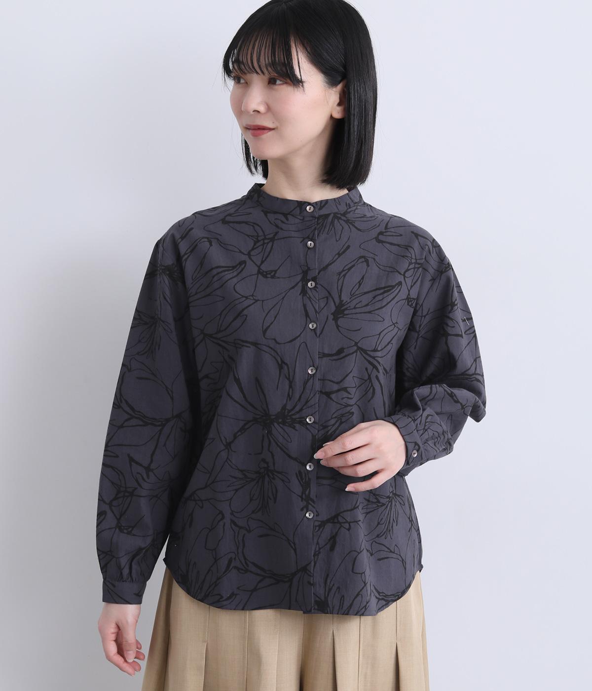 シーチング花柄プリントレギュラーシャツ(チャコール×ブラック-F)