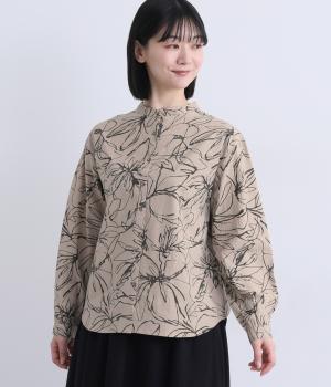 シーチング花柄プリントレギュラーシャツ(ベージュ×ブラック-F)