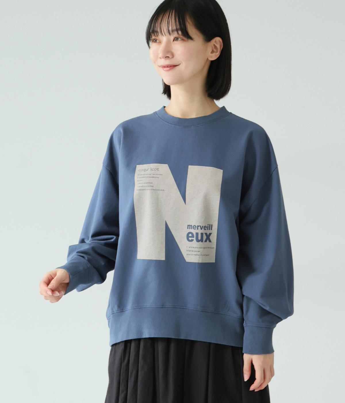 Nプリント　裏毛プルオーバー(ブルー-F)