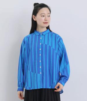 シーチングストライプドットプリント　レギュラーシャツ(ブルー-F)