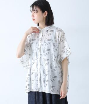 80Sボイルクリッププリント　ドルマンスリーブワイドシャツ(ホワイト-F)