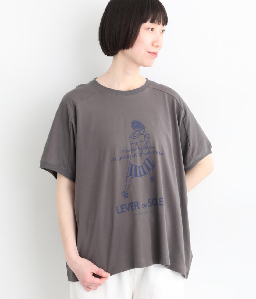 コットン良質天竺　変形ワイド女の子プリントTシャツ