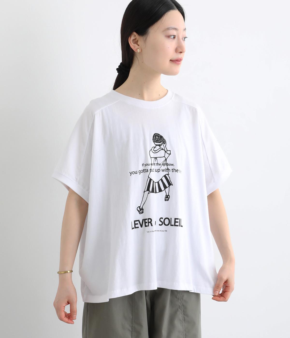 コットン良質天竺　変形ワイド女の子プリントTシャツ(ホワイト-F)