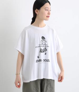 コットン良質天竺　変形ワイド女の子プリントTシャツ(ホワイト-F)
