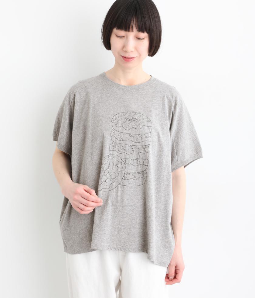 コットン良質天竺　変形ワイドドーナツ刺繍Tシャツ