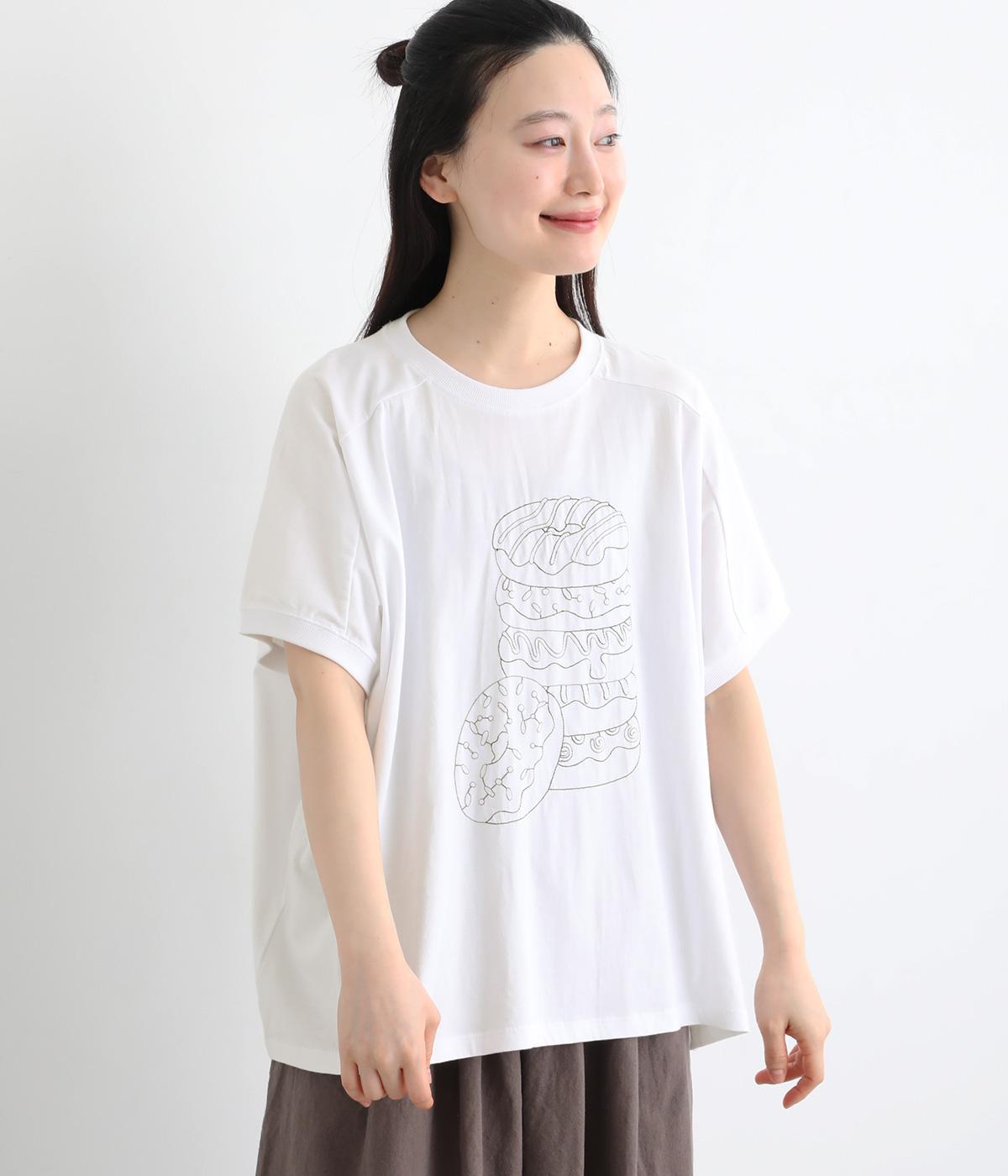 コットン良質天竺　変形ワイドドーナツ刺繍Tシャツ(ホワイト-F)