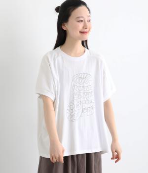 コットン良質天竺　変形ワイドドーナツ刺繍Tシャツ(ホワイト-F)