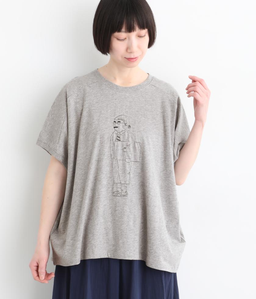 コットン良質天竺　変形ワイドおじさん刺繍Tシャツ