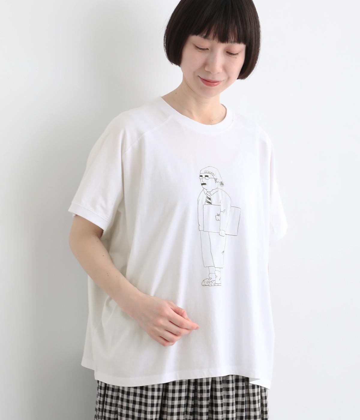 コットン良質天竺　変形ワイドおじさん刺繍Tシャツ(ホワイト-F)