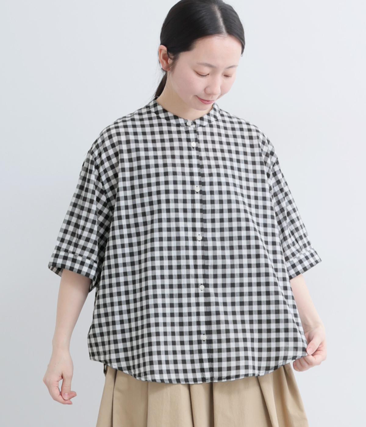 コットンギンガムチェック6分袖シャツ(ホワイト×ブラック-F)