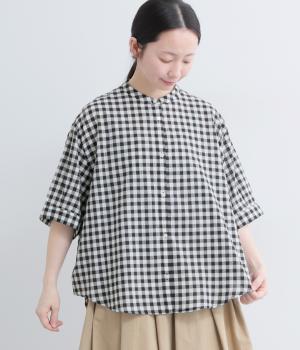 コットンギンガムチェック6分袖シャツ(ホワイト×ブラック-F)