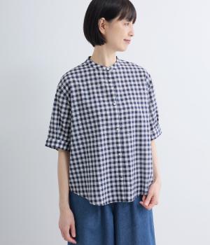 コットンギンガムチェック6分袖シャツ(ホワイト×ネイビー-F)