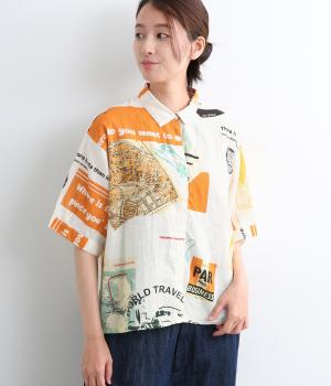 コットンリネン　ビンテージプリントシャツ