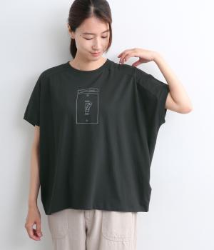 コットン天竺　変形ワイドスイッチプリントTee(ブラック-F)