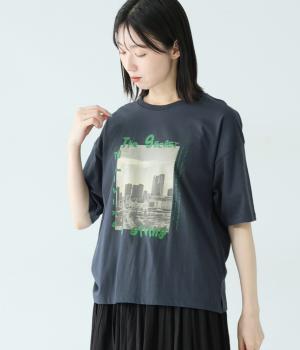 良質天竺 風景プリントTシャツ(ネイビー-F)