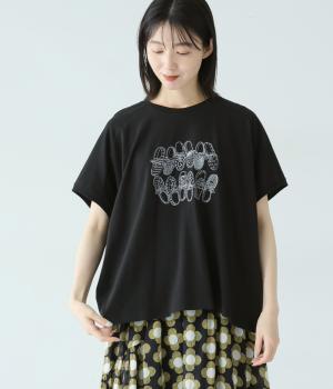 良質天竺 くつ刺繍ワイドTシャツ(ブラック-F)